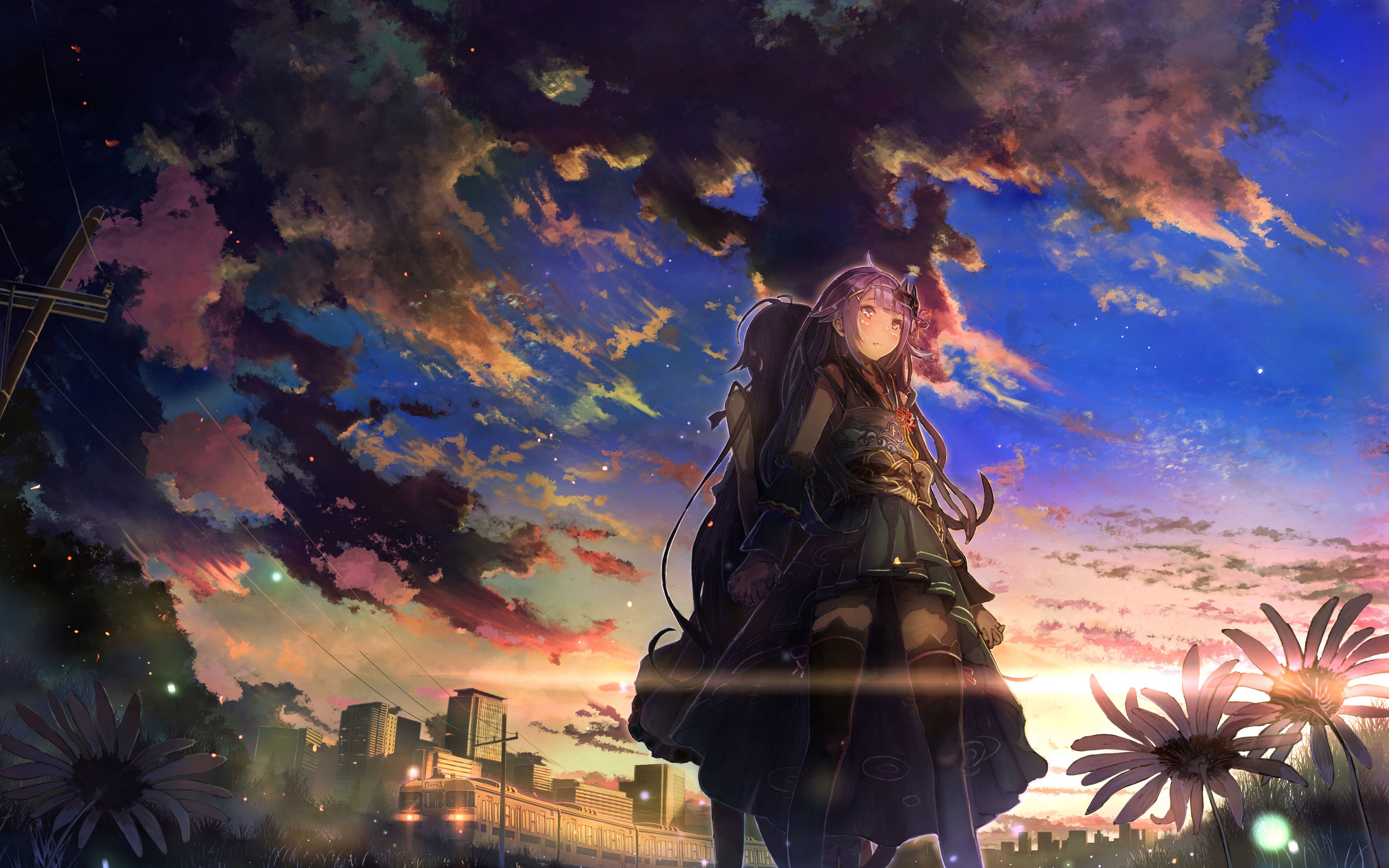 Download Wallpaper 3840x2400 Girls Touch Sky Clouds Sunset Anime 4k Ultra Hd 1610 Hd 2290