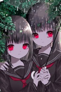 Preview wallpaper girls, twins, umbrella, rain, anime