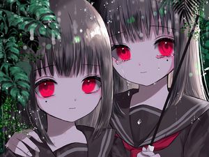 Preview wallpaper girls, twins, umbrella, rain, anime