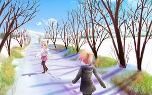 Preview wallpaper girls, walk, snow, sun, joy