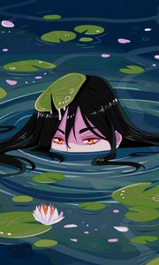 Preview wallpaper girls, water, water lilies, head, art