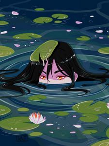 Preview wallpaper girls, water, water lilies, head, art