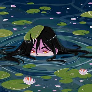 Preview wallpaper girls, water, water lilies, head, art