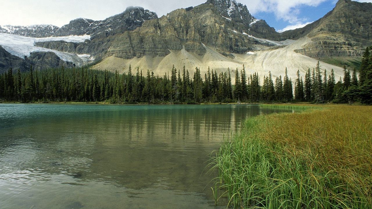 Wallpaper glacial lake, alberta, canada, mountains, trees, grass