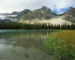 Preview wallpaper glacial lake, alberta, canada, mountains, trees, grass