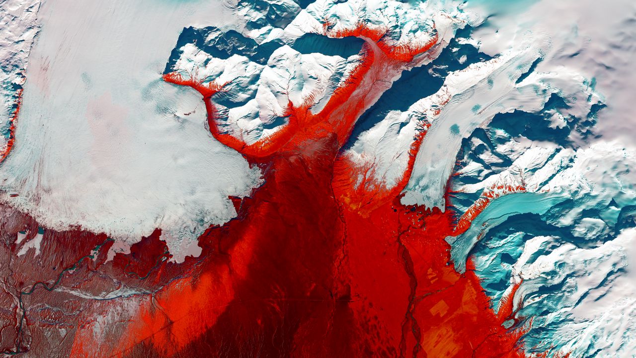 Wallpaper glacier, aerial view, relief, ice, red