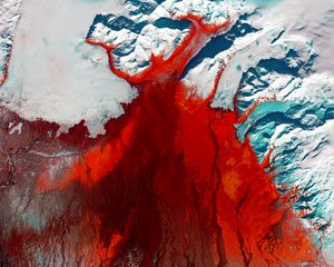 Preview wallpaper glacier, aerial view, relief, ice, red