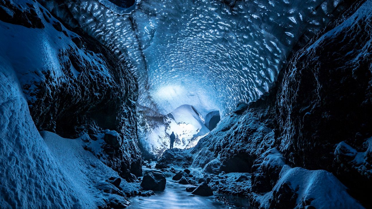 Wallpaper glacier, cave, man, ice, snow