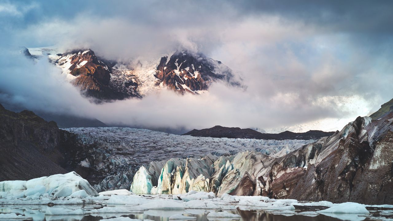 Wallpaper glacier, mountains, clouds, ice, landscape, iceland