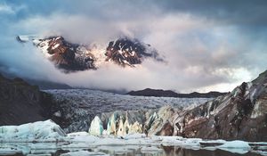 Preview wallpaper glacier, mountains, clouds, ice, landscape, iceland