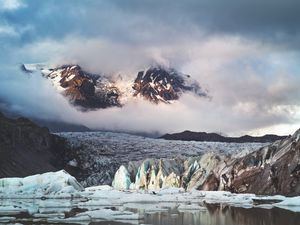 Preview wallpaper glacier, mountains, clouds, ice, landscape, iceland