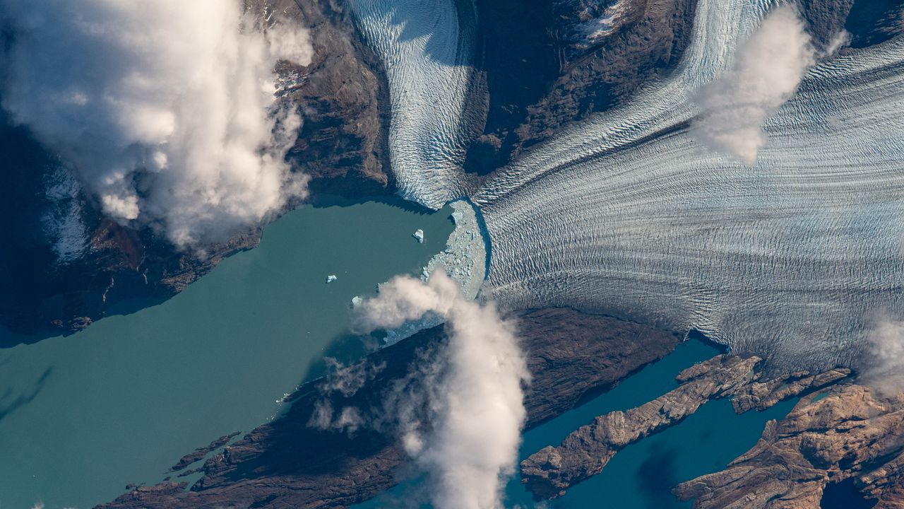 Wallpaper glacier, rocks, clouds, aerial view, terrain