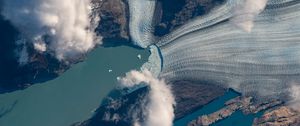 Preview wallpaper glacier, rocks, clouds, aerial view, terrain