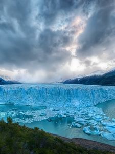 Preview wallpaper glacier, sky, clouds, mountains, trees, cold