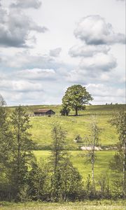 Preview wallpaper glade, house, grass, trees, clouds, summer