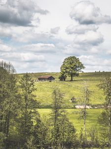 Preview wallpaper glade, house, grass, trees, clouds, summer