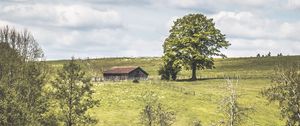 Preview wallpaper glade, house, grass, trees, clouds, summer