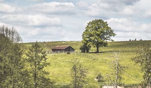 Preview wallpaper glade, house, grass, trees, clouds, summer