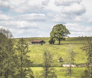 Preview wallpaper glade, house, grass, trees, clouds, summer