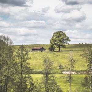 Preview wallpaper glade, house, grass, trees, clouds, summer