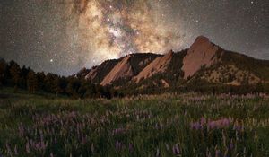 Preview wallpaper glade, mountain, starry sky, grass, flowers, night