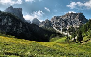 Preview wallpaper glade, mountains, summer, green, landscape, day