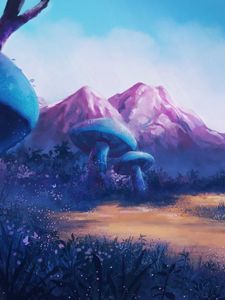 Preview wallpaper glade, mushrooms, mountains, landscape, fairy tale, art