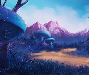 Preview wallpaper glade, mushrooms, mountains, landscape, fairy tale, art