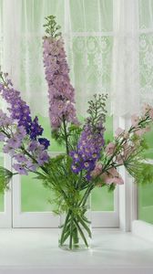 Preview wallpaper gladioli, flowers, window, flower, vase