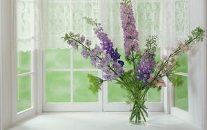 Preview wallpaper gladioli, flowers, window, flower, vase