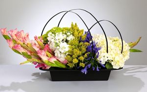 Preview wallpaper gladiolus, hydrangea, freesia, flowers, basket, composition