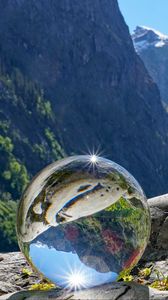 Preview wallpaper glass ball, ball, reflection, mountains, macro