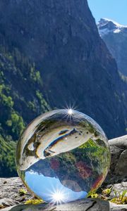 Preview wallpaper glass ball, ball, reflection, mountains, macro