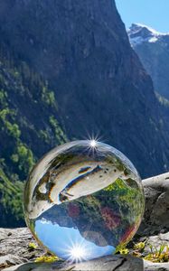 Preview wallpaper glass ball, ball, reflection, mountains, macro