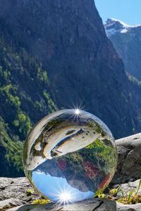 Preview wallpaper glass ball, ball, reflection, mountains, macro