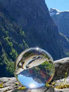 Preview wallpaper glass ball, ball, reflection, mountains, macro