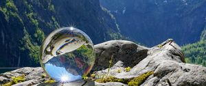 Preview wallpaper glass ball, ball, reflection, mountains, macro