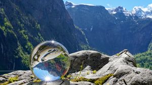 Preview wallpaper glass ball, ball, reflection, mountains, macro