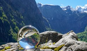 Preview wallpaper glass ball, ball, reflection, mountains, macro