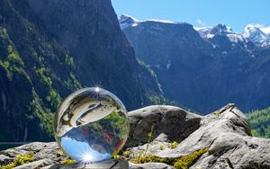 Preview wallpaper glass ball, ball, reflection, mountains, macro