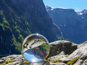 Preview wallpaper glass ball, ball, reflection, mountains, macro