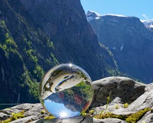 Preview wallpaper glass ball, ball, reflection, mountains, macro