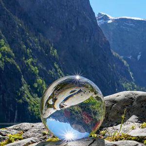 Preview wallpaper glass ball, ball, reflection, mountains, macro