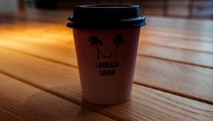 Preview wallpaper glass, coffee, inscription, table, wooden, shadow