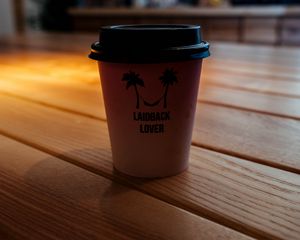 Preview wallpaper glass, coffee, inscription, table, wooden, shadow