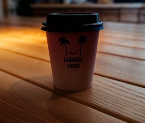 Preview wallpaper glass, coffee, inscription, table, wooden, shadow