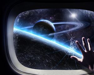 Preview wallpaper glass, craft, hand, space, planet, orbit