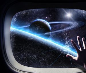 Preview wallpaper glass, craft, hand, space, planet, orbit