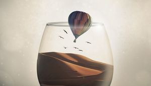 Preview wallpaper glass, desert, air balloon, illusion, sand, birds
