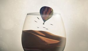 Preview wallpaper glass, desert, air balloon, illusion, sand, birds